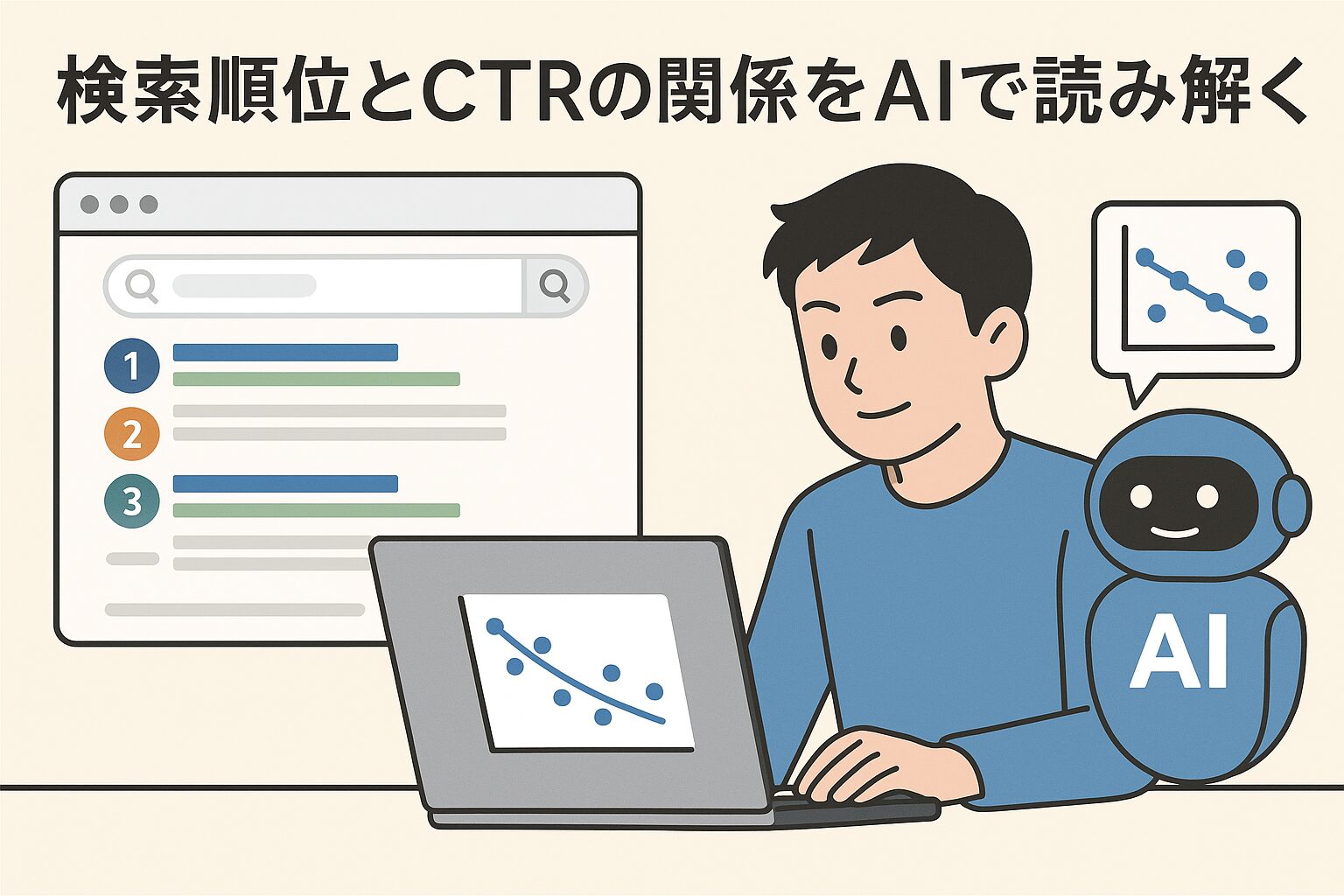 検索順位とCTRの関係をAIが分析している様子を描いたイラスト