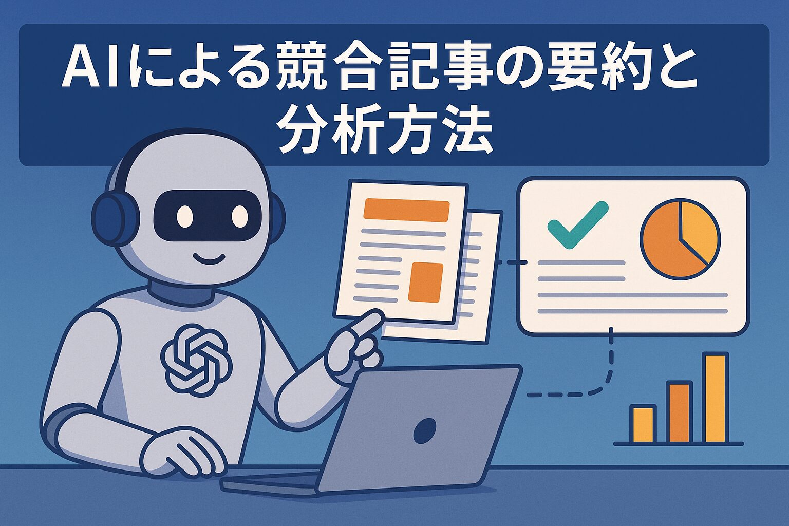 AIが競合記事を要約・分析している様子を描いたイラスト