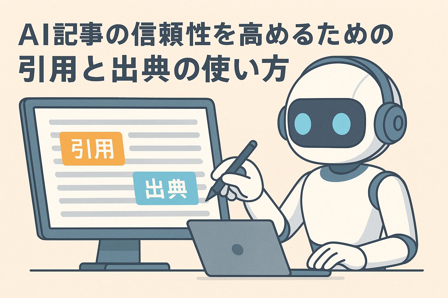 AIロボットがパソコンで記事を書きながら、モニターに『引用』と『出典』の文字を表示しているイラスト。記事タイトル『AI記事の信頼性を高めるための引用と出典の使い方』が描かれている。