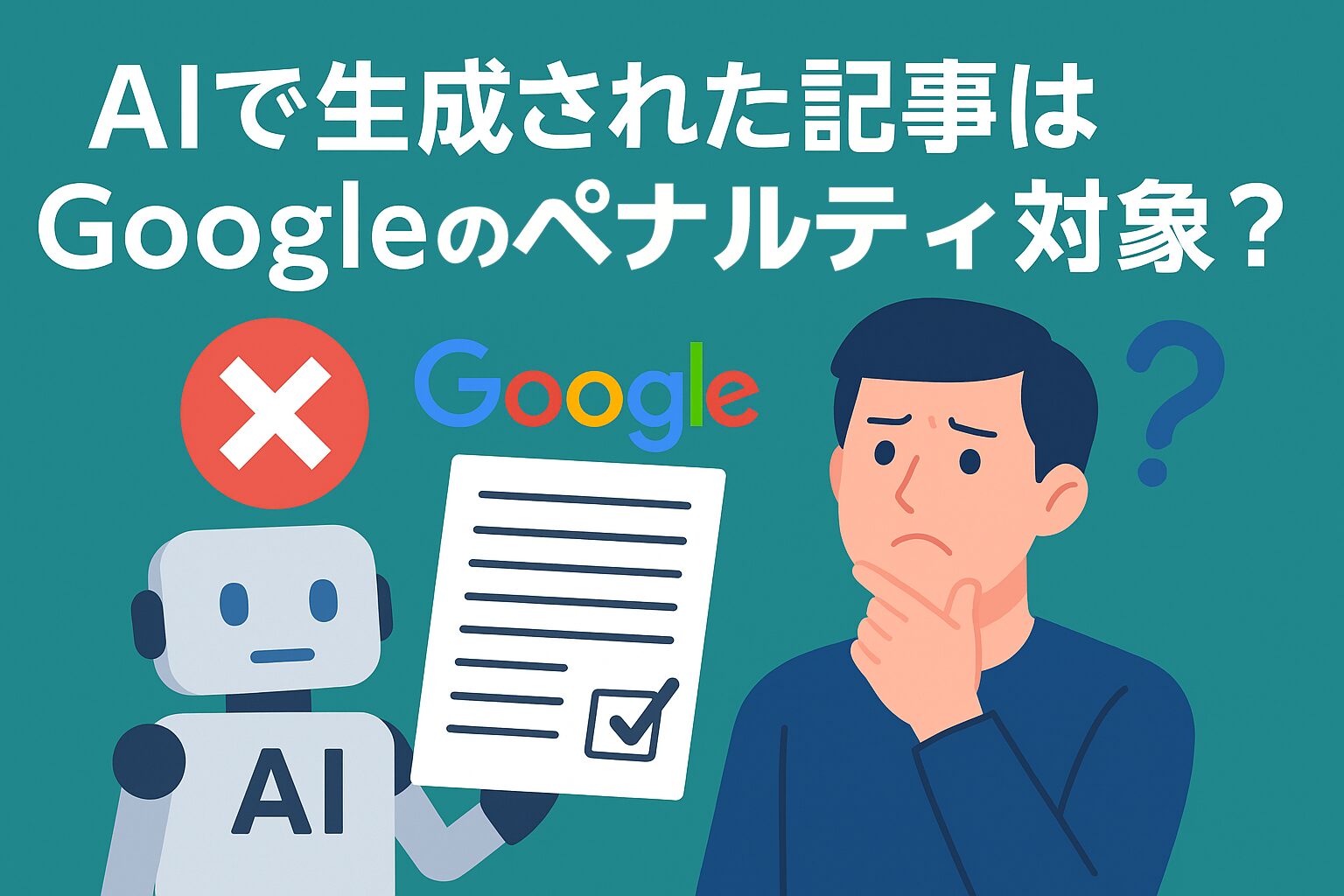 AIで生成された記事がGoogleにペナルティ対象になるのか疑問に思う人物とAIロボットのイラスト