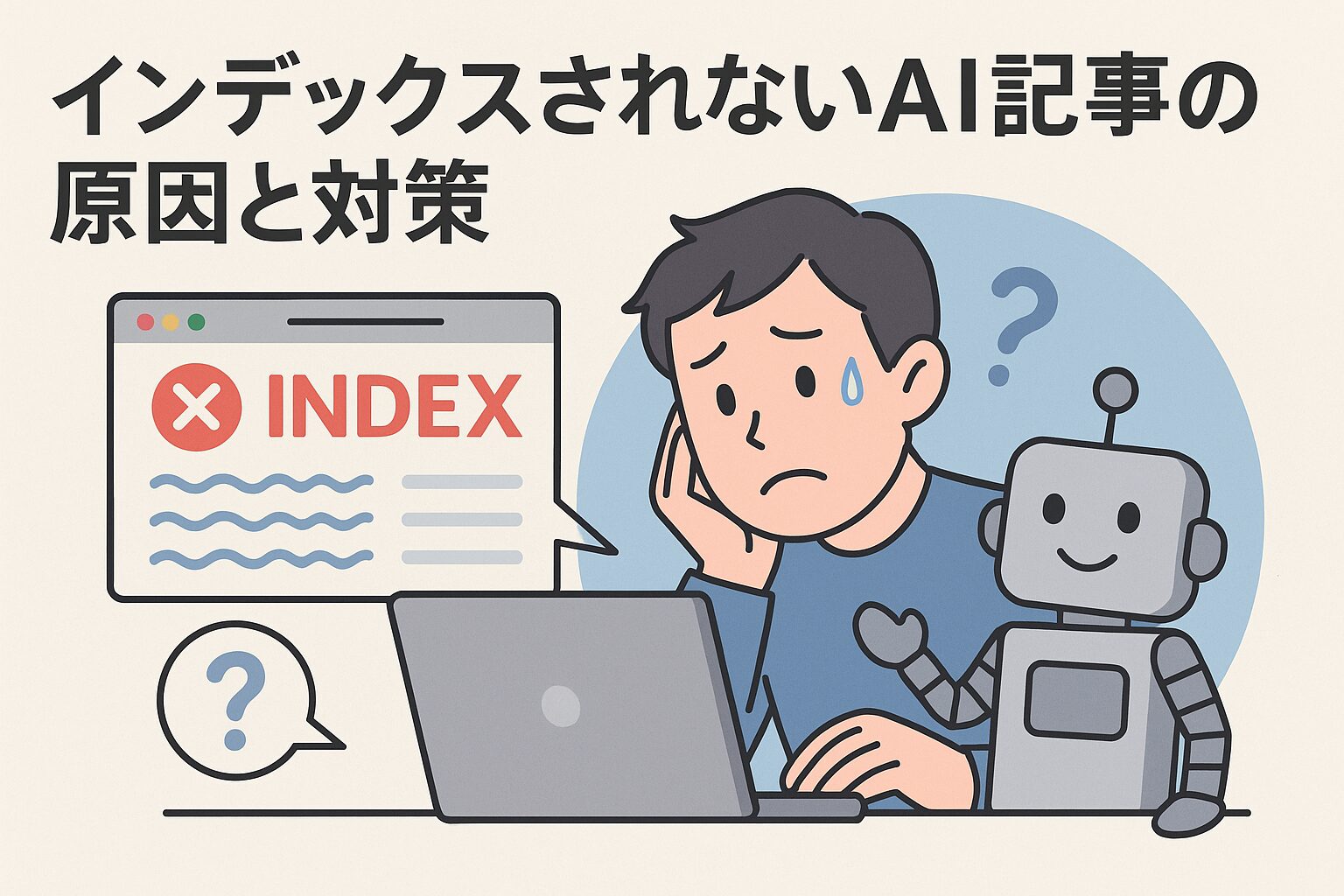 AI記事がインデックスされずに困っている人物のイラスト
