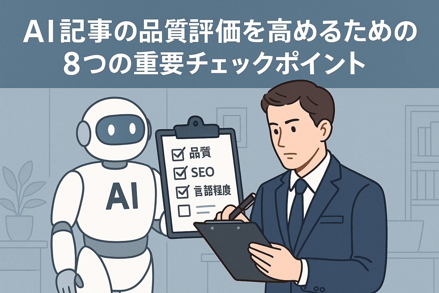 AIが生成した記事を人間がチェックリストで確認しているイラスト。AI記事の品質評価を高めるための8つのチェックポイントを表現