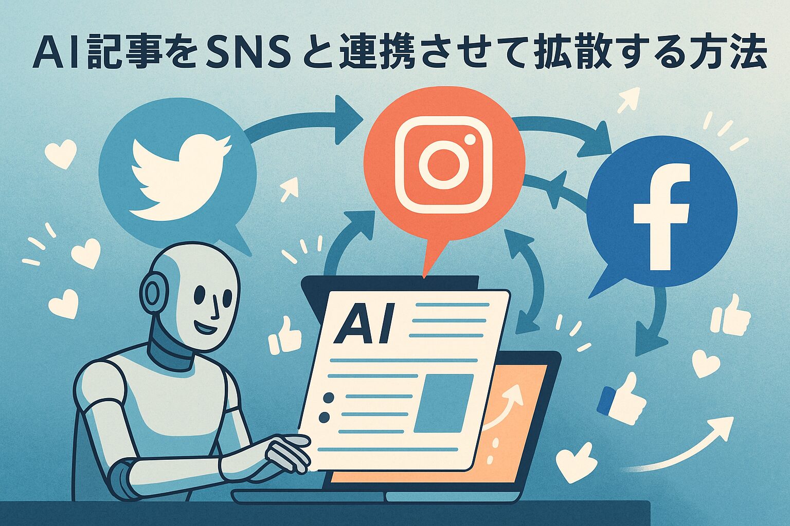AIロボットがパソコンで記事を作成し、それをTwitter・Instagram・Facebookへ同時に拡散しているイラスト。記事タイトル『AI記事をSNSと連携させて拡散する方法』が描かれている。