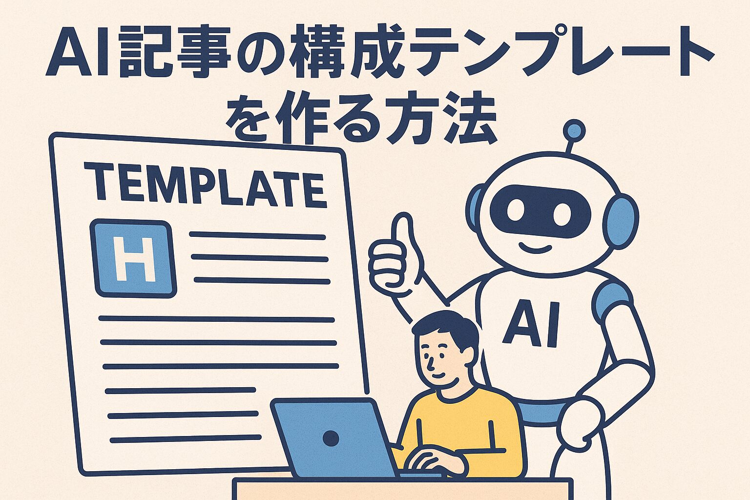 AIが記事の構成テンプレートを使って記事生成を支援しているイラスト。AI記事の構成テンプレートを作る方法を表現