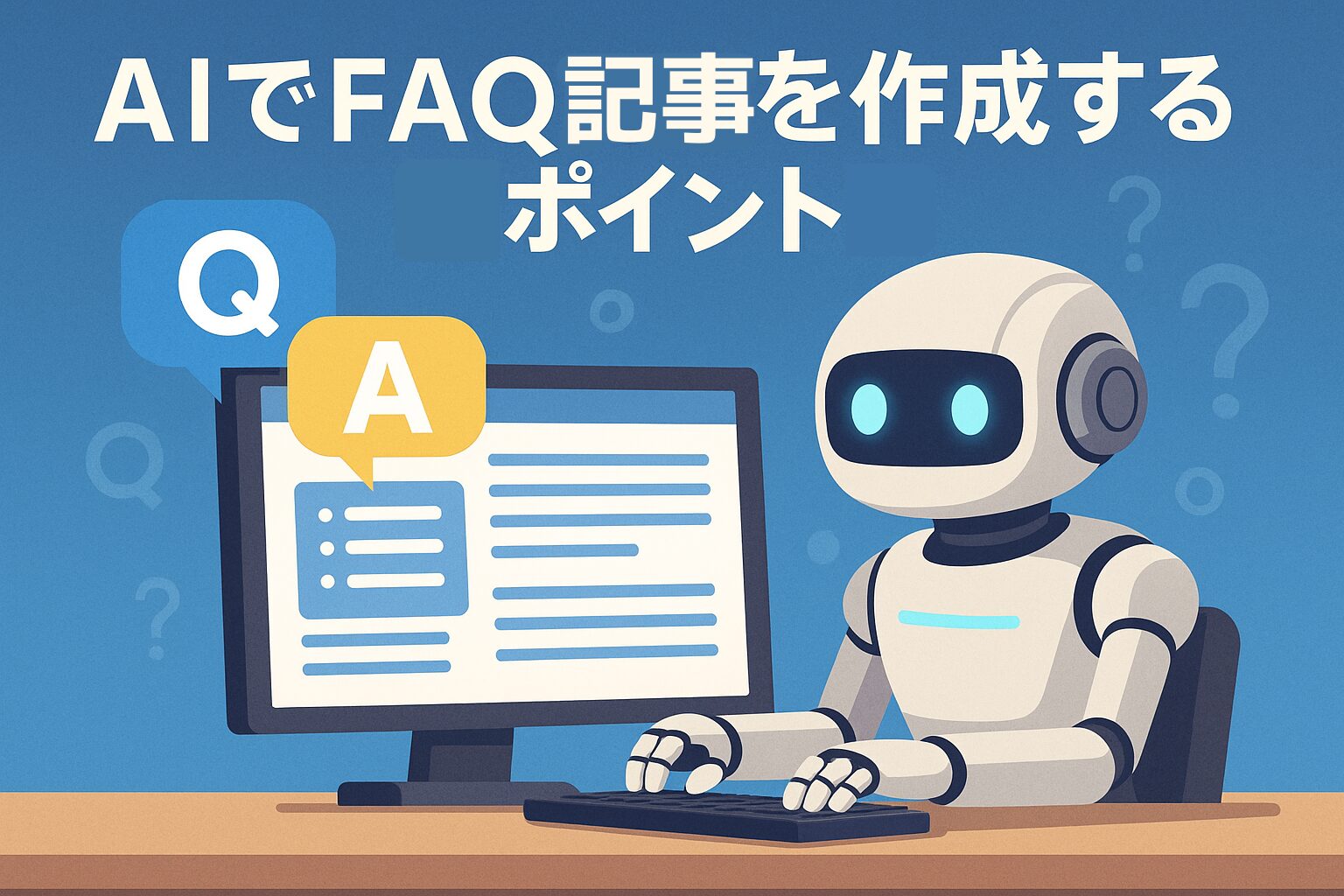 AIロボットがパソコンでFAQ記事を作成しているイラスト。モニターにはQとAの吹き出しが表示され、記事タイトル『AIでFAQ記事を作成する際のポイント』の文字が描かれている。