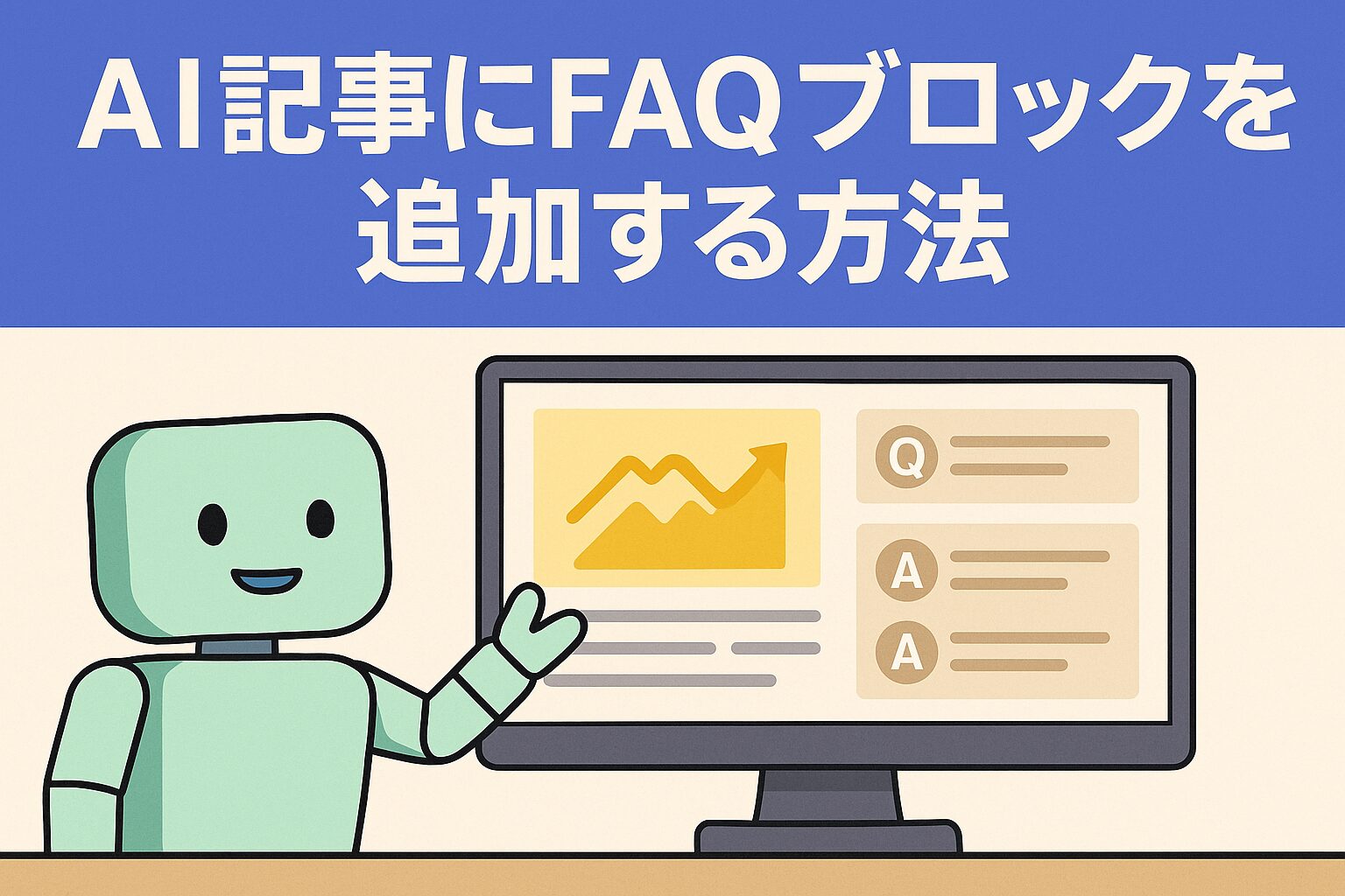 AIがSEO記事にFAQブロックを追加している様子を描いたイラスト