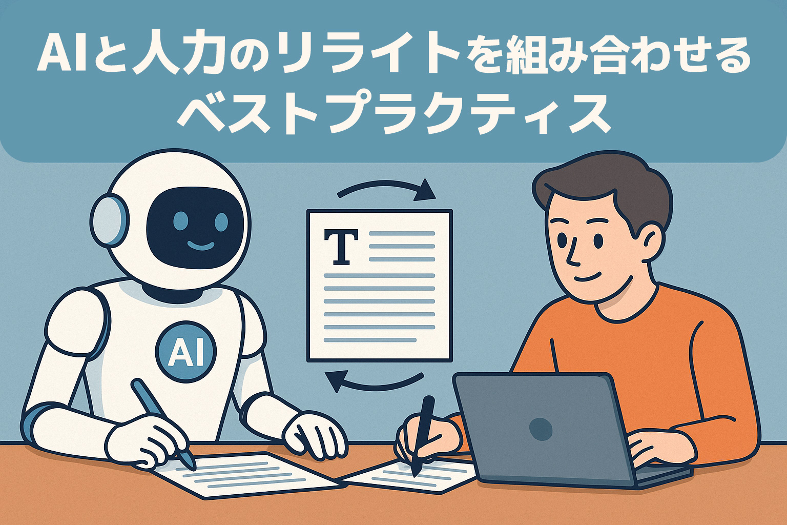AIと人が協力して記事をリライトしている様子を描いたイラスト