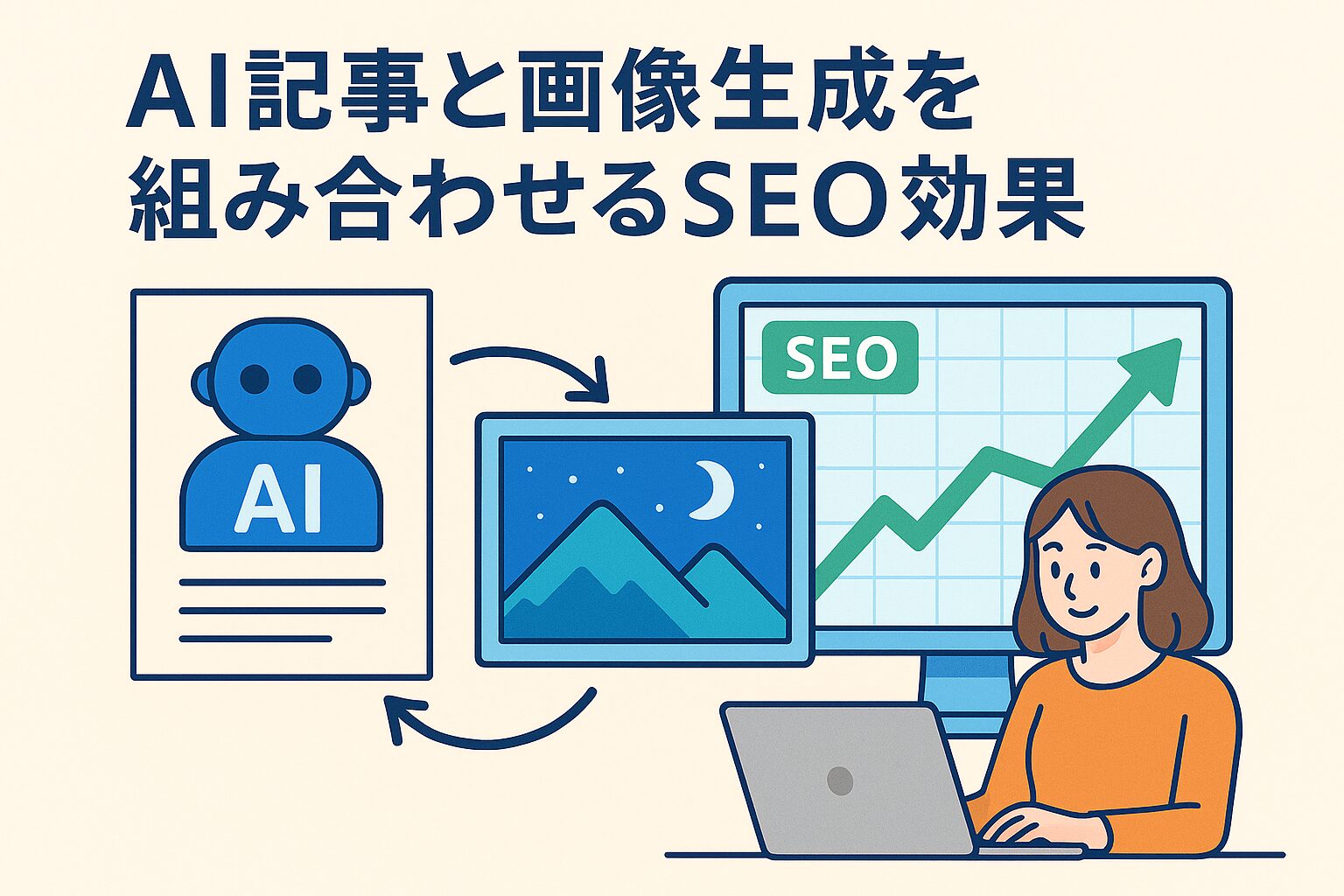 AIで生成した記事と画像を組み合わせてSEO効果を高めている様子を描いたイラスト