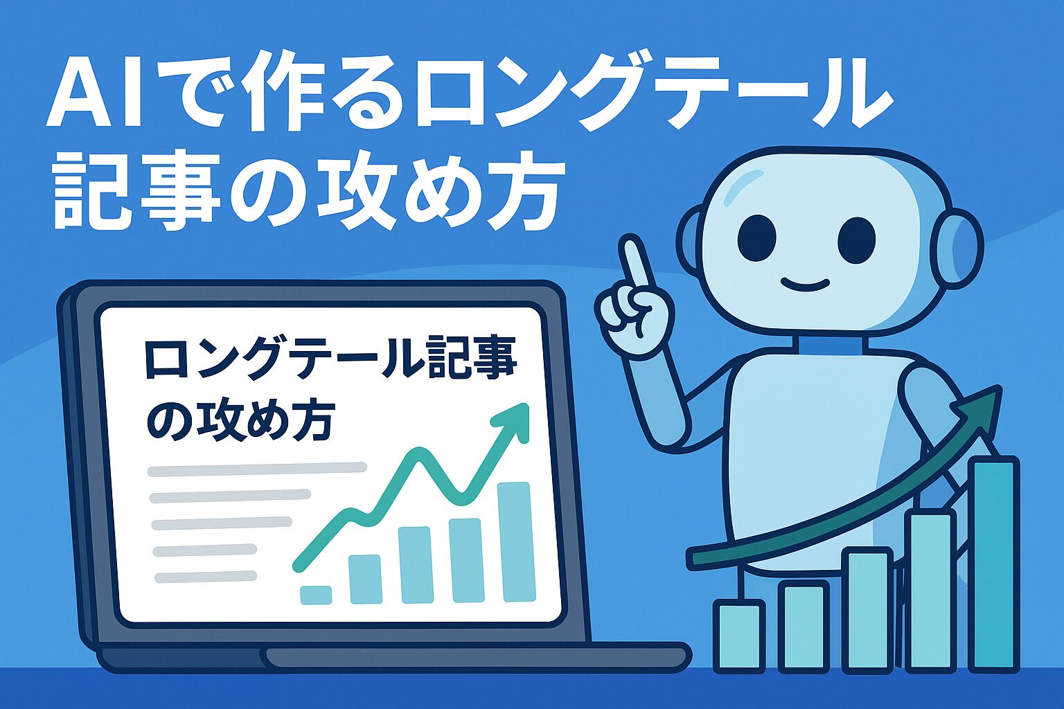 AIがロングテール記事を生成し、検索結果で上位表示されている様子のイラスト