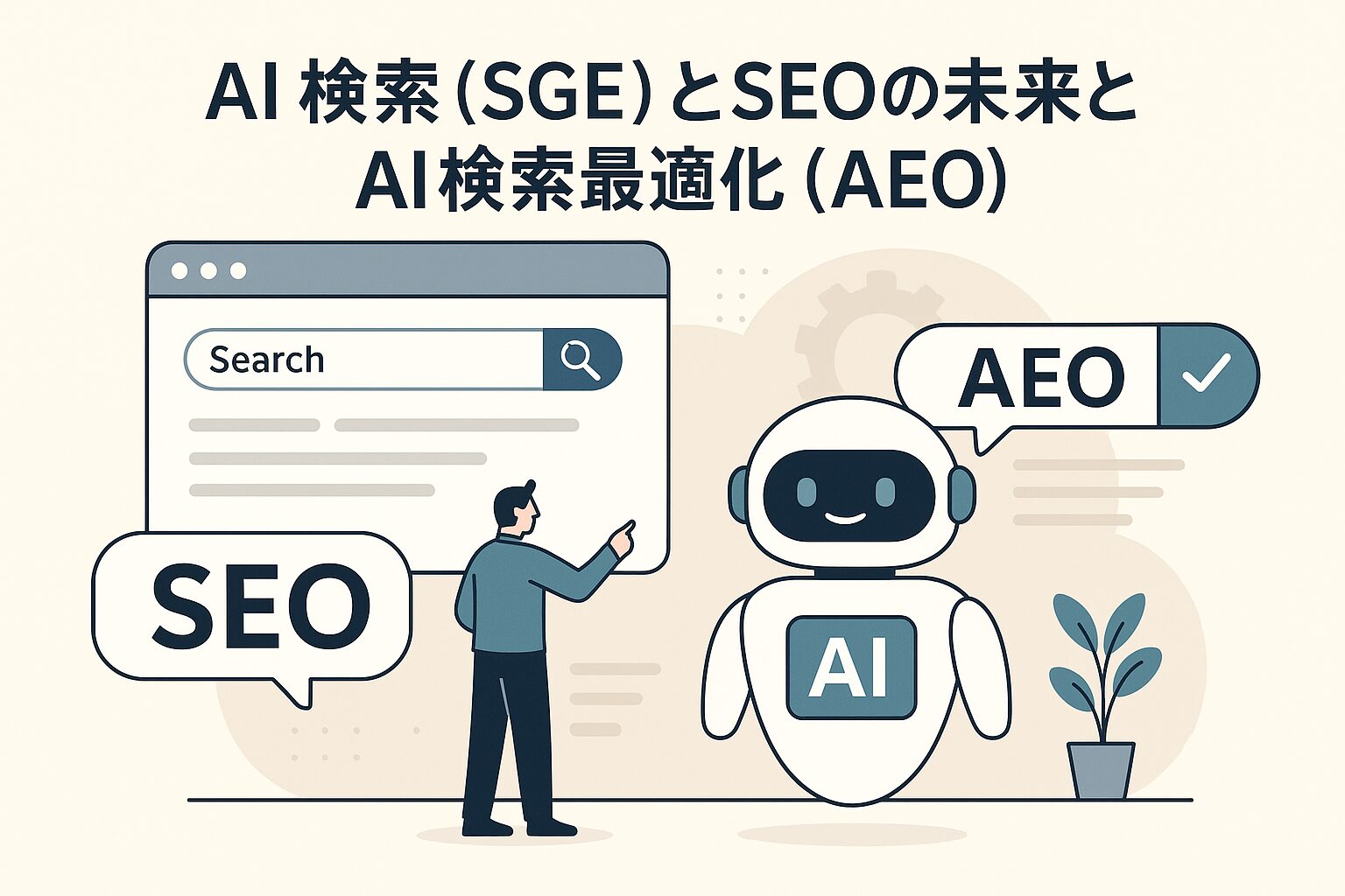 AI検索（SGE）とSEO・AEOの関係を表すイラスト。左側に検索エンジン画面と『SEO』の吹き出し、右側にAIロボットと『AEO』の吹き出しが描かれ、両者が共存している様子。上部に記事タイトル「AI検索（SGE）とSEOの未来とAI検索最適化（AEO）」が表示されている。