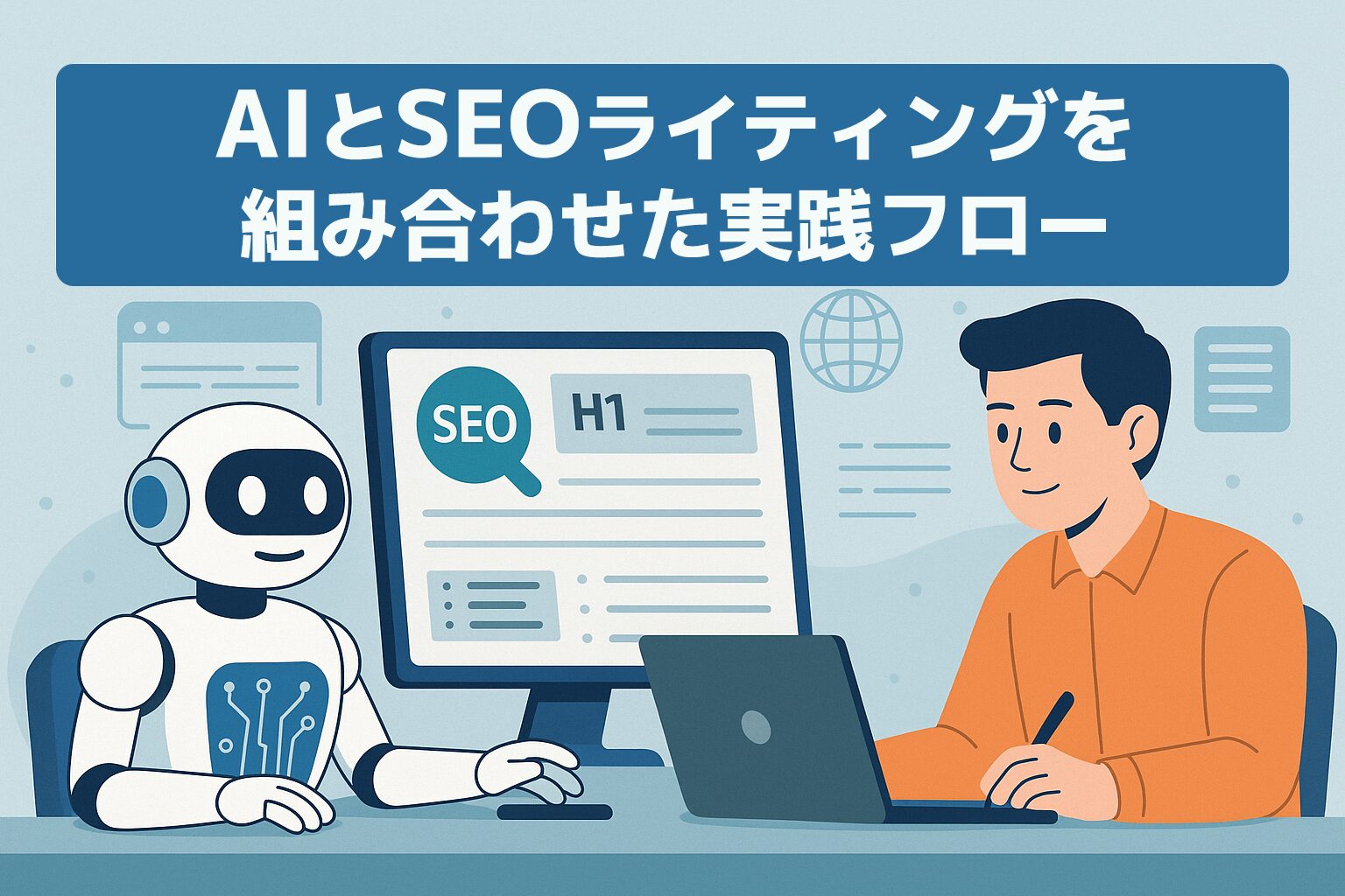 AIロボットと人間が机で協力しながらSEOライティングを行っているイラスト。モニターにはSEOやH1の文字が表示され、記事タイトル『AIとSEOライティングを組み合わせた実践フロー』が描かれている。
