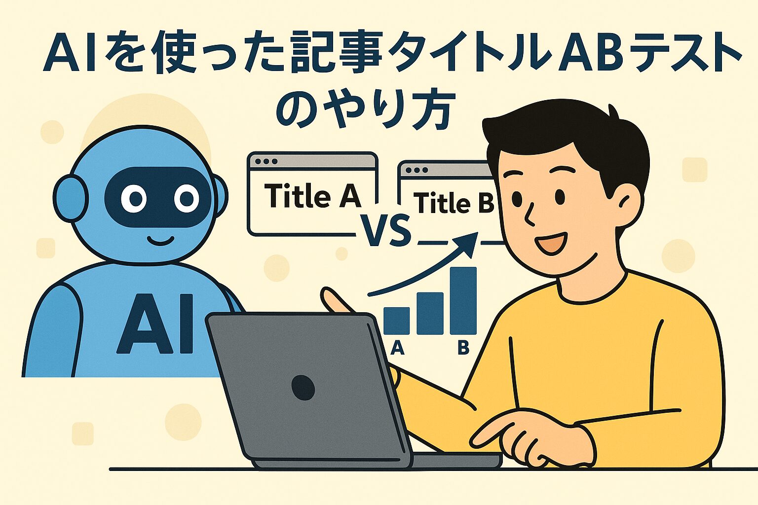 AIと人間が協力して記事タイトルのABテストを行っている様子を描いたイラスト