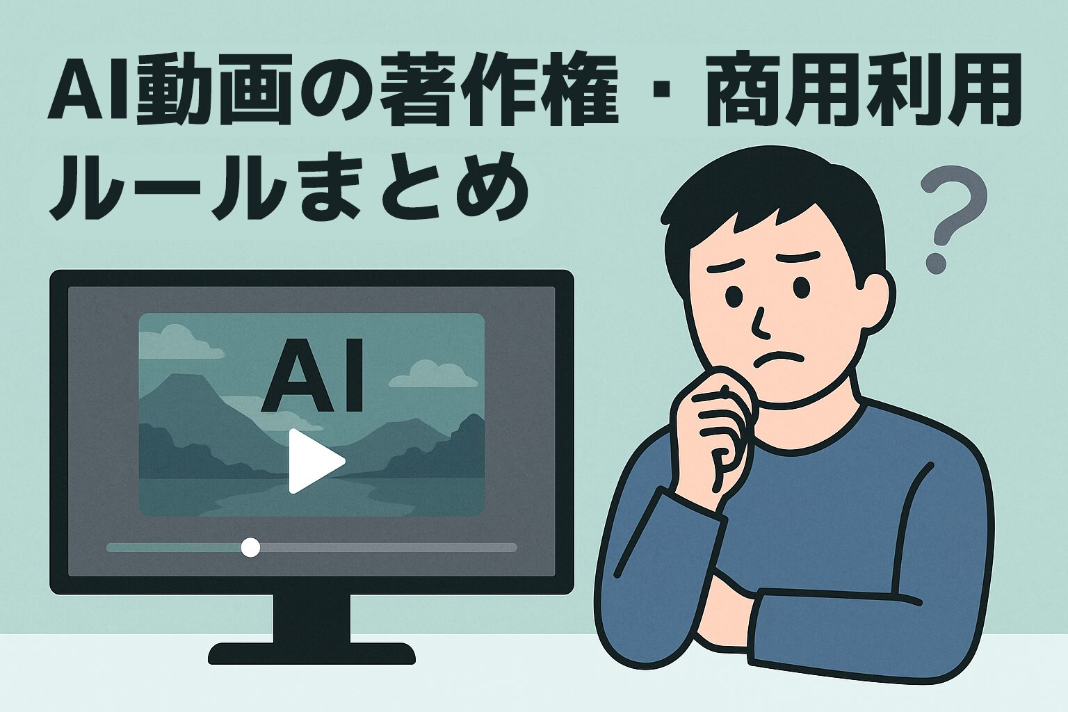 AI動画の著作権や商用利用ルールがわからず悩んでいる人のイラスト。パソコン画面にAI動画の再生画面が表示され、人物が困った表情で考えている。