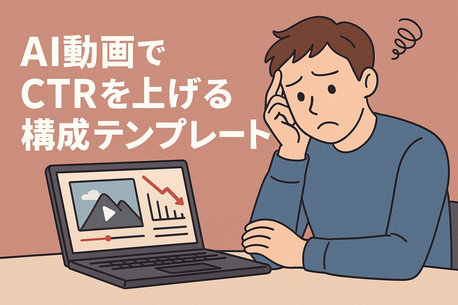 AI動画のCTRが低く悩んでいる人物のイラスト。ノートPCの画面に下降グラフと動画サムネイルが表示され、考え込んでいる様子。