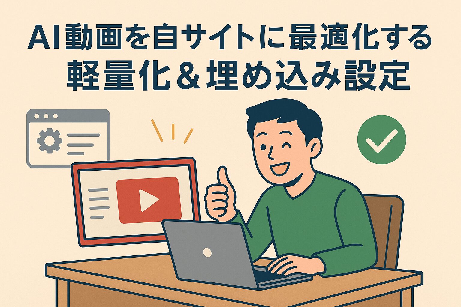 AI動画を自サイトに埋め込んで最適化し、喜んでいる人物のイラスト