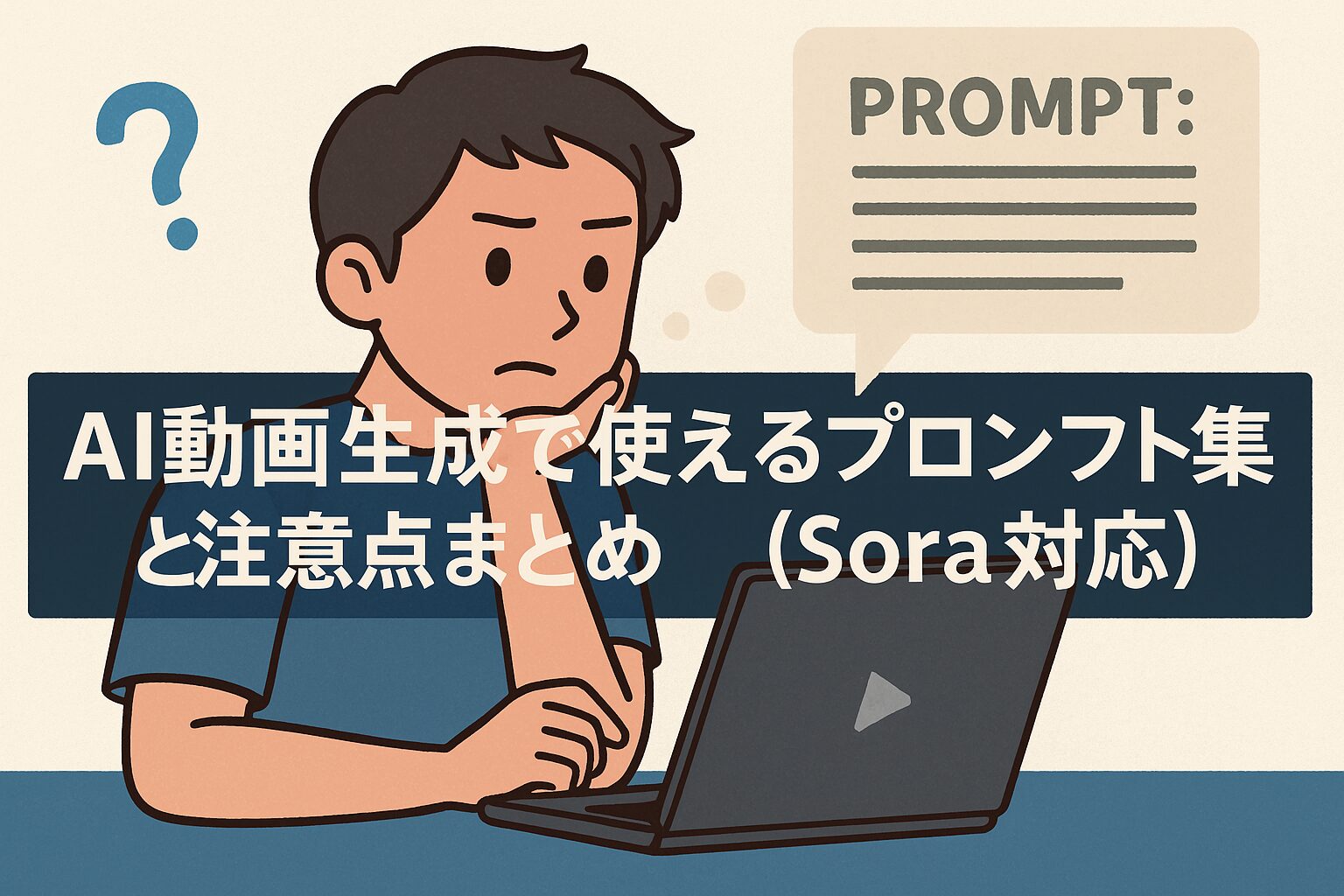 AI動画生成で使えるプロンプトを考えている人物のイラスト。デスクでノートPCを見つめながら指示文を検討している様子。