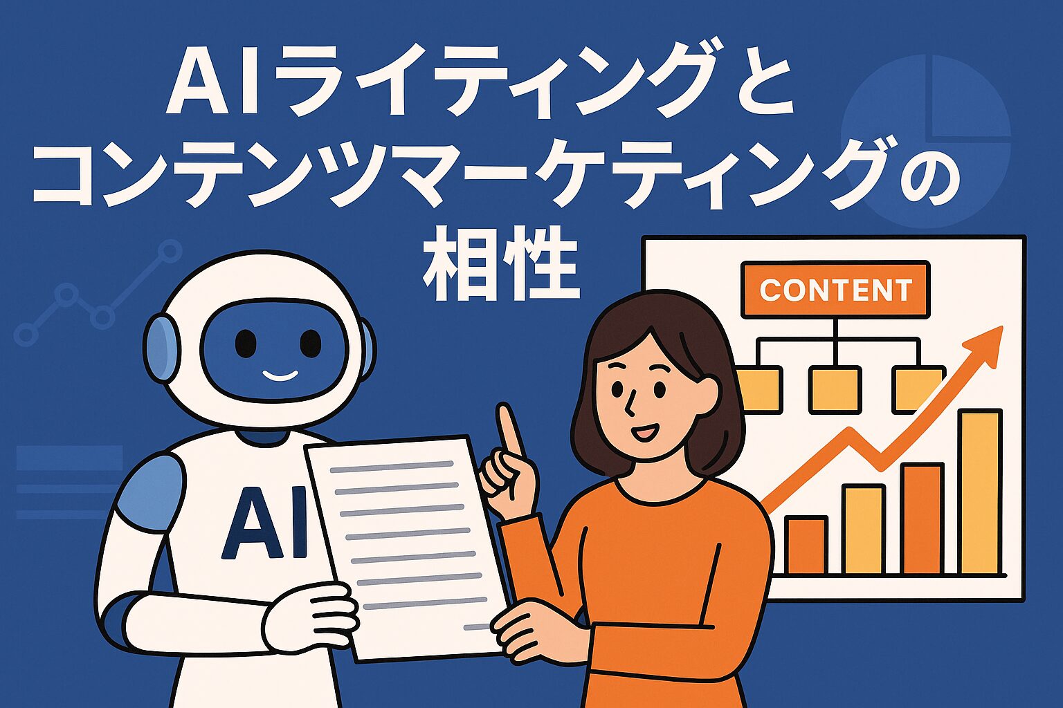 AIが生成した記事を人物がコンテンツマーケティングに活用しているイラスト。AIライティングとコンテンツマーケティングの相性を表現