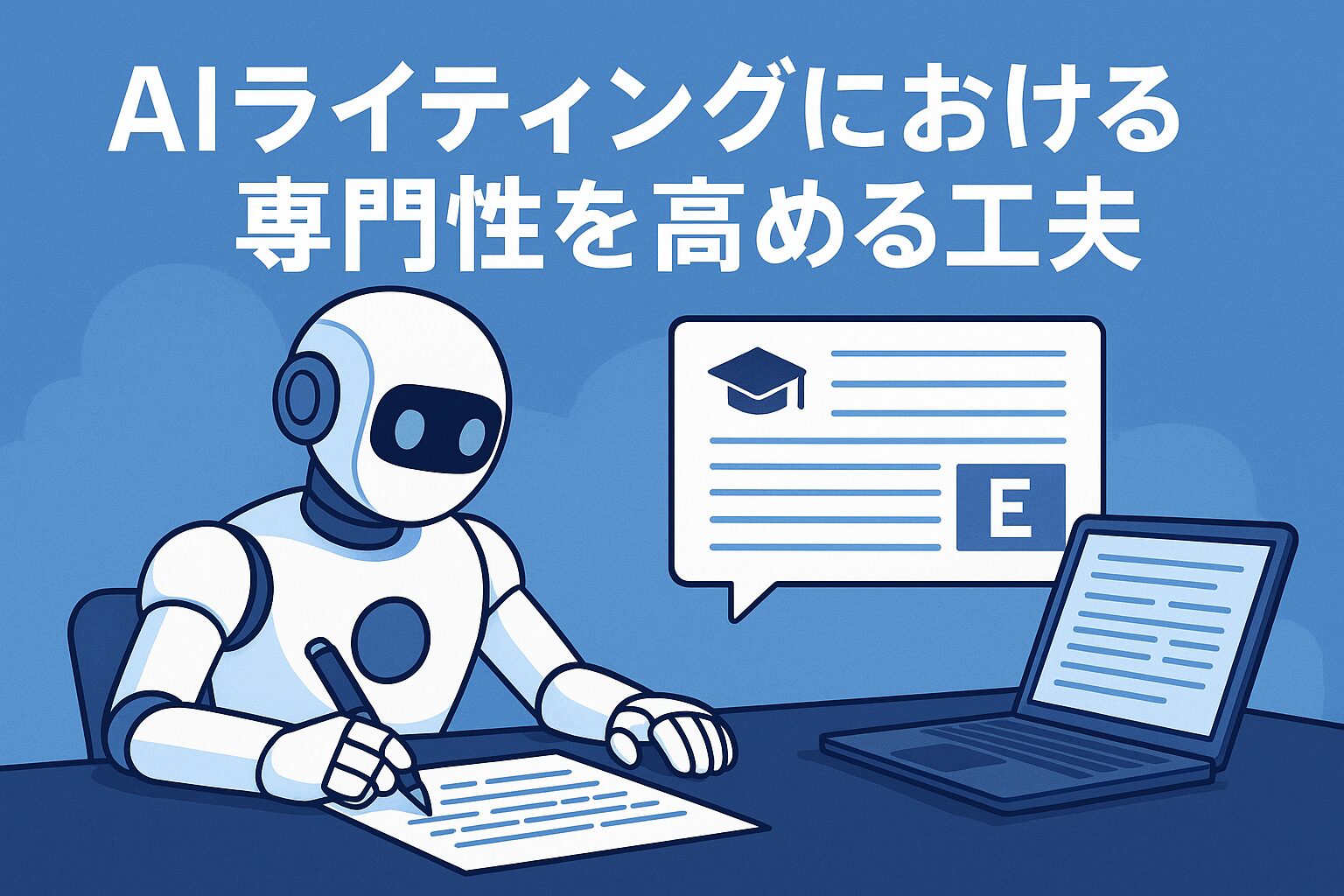 AIロボットが机で専門性の高い記事を書いているイラスト。ノートPCと吹き出しに学位帽アイコンが表示され、記事タイトル『AIライティングにおける専門性を高める工夫』の文字が添えられている。