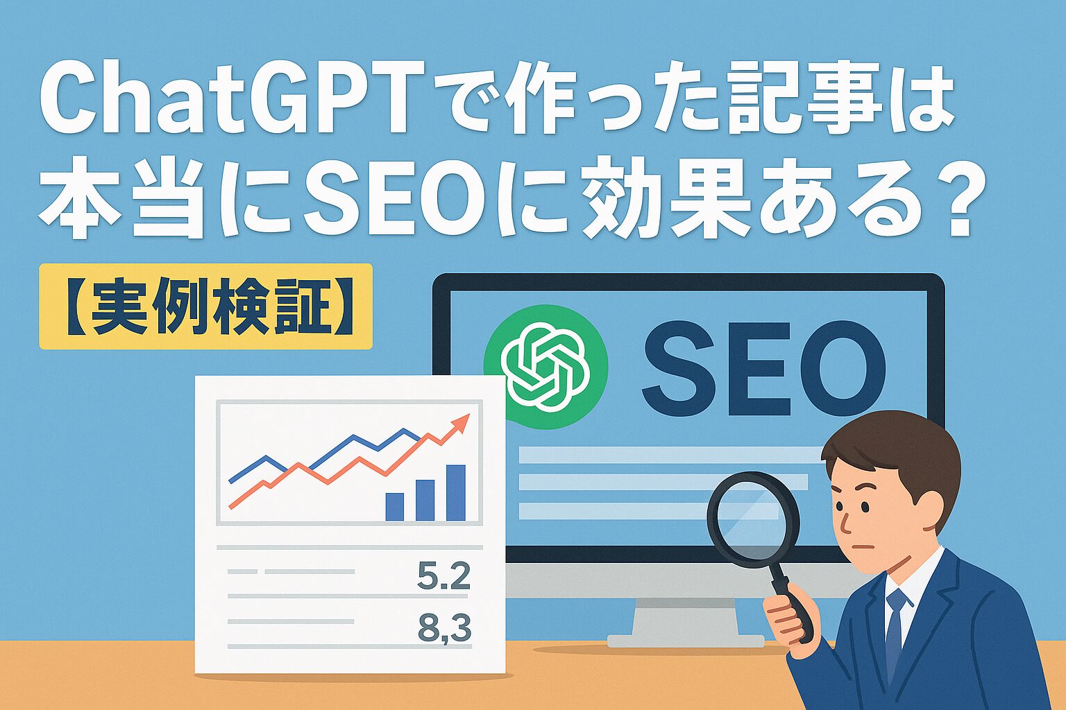 ChatGPTとSEOの実験データを分析するレポート風のサムネイル。パソコンにSEOの文字とグラフが表示され、ビジネスパーソンが虫眼鏡で分析している。