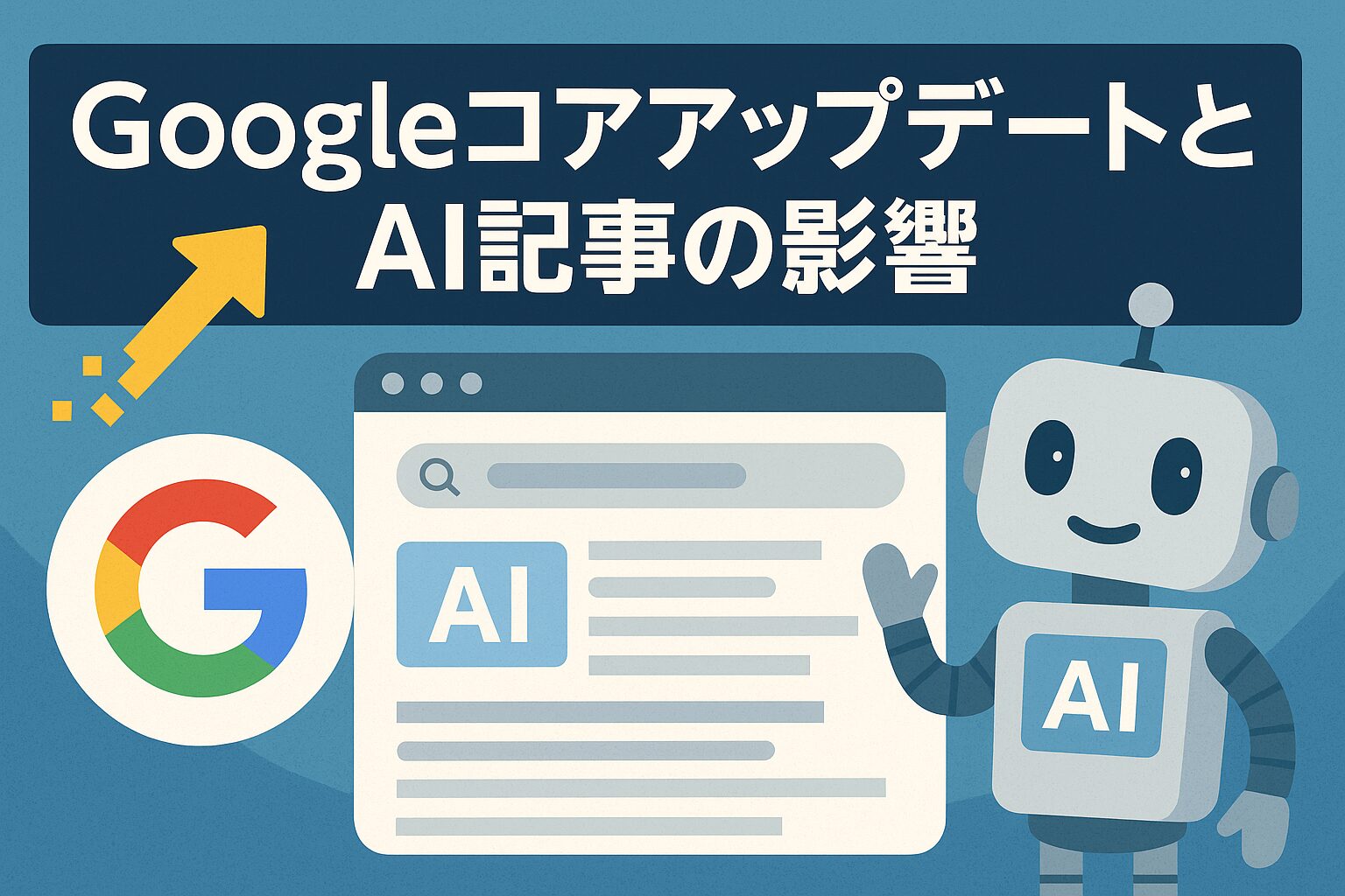 Googleの検索結果画面でAI生成の記事が表示されており、アルゴリズムのアップデートを示す矢印やAIのアイコンが描かれたイラスト。記事タイトル『GoogleコアアップデートとAI記事の影響』がデザインに含まれている。