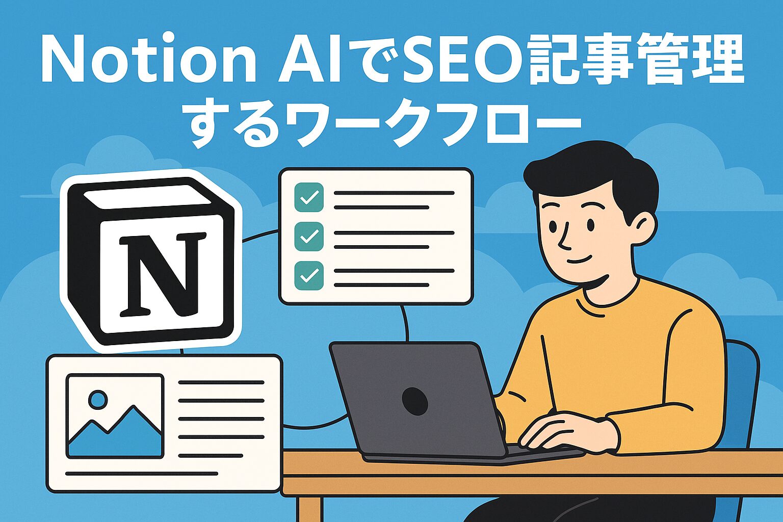 Notion AIを使ってSEO記事を管理している人物のイラスト。デスク上のパソコンでNotionを操作し、記事リストやチェック項目を確認している