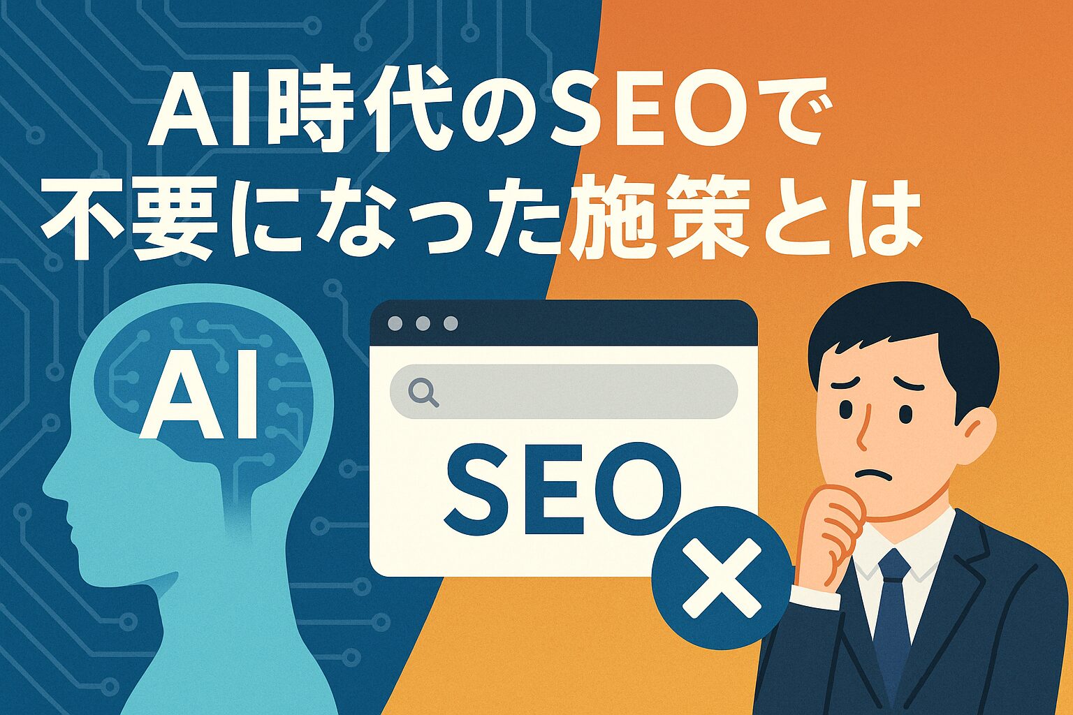 AIが進化したことで不要になったSEO施策を考えるビジネスマンとAIの対比イラスト