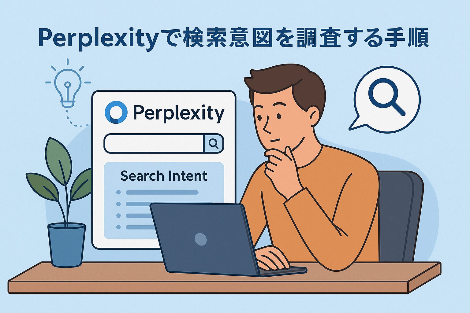 Perplexity AIで検索意図を調査している男性のイラスト