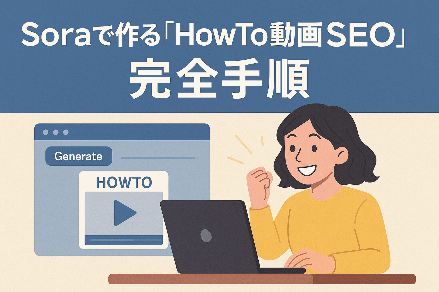 SoraでHowTo動画を生成し、SEO対策に成功して喜んでいる人物のイラスト。ノートパソコンの画面にHOWTO動画が表示されている。