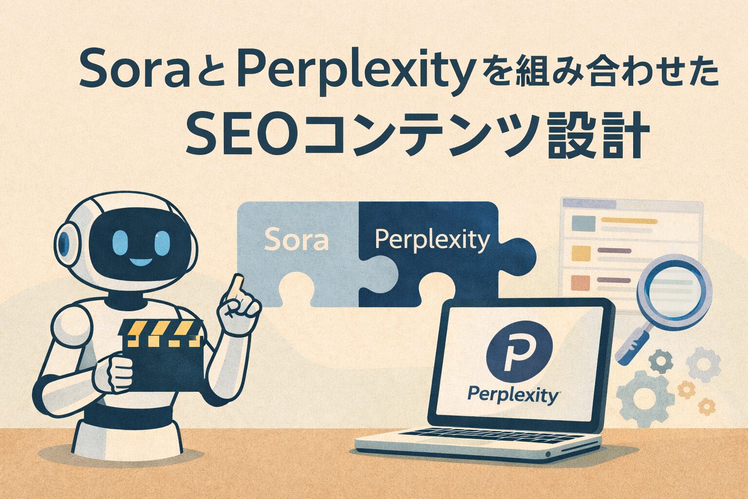 SoraとPerplexityを組み合わせたSEOコンテンツ設計を表現したサムネイル。Soraをイメージしたロボットと、Perplexityの検索画面を表示したノートパソコンが並び、両者がパズルのピースでつながっているイラスト。