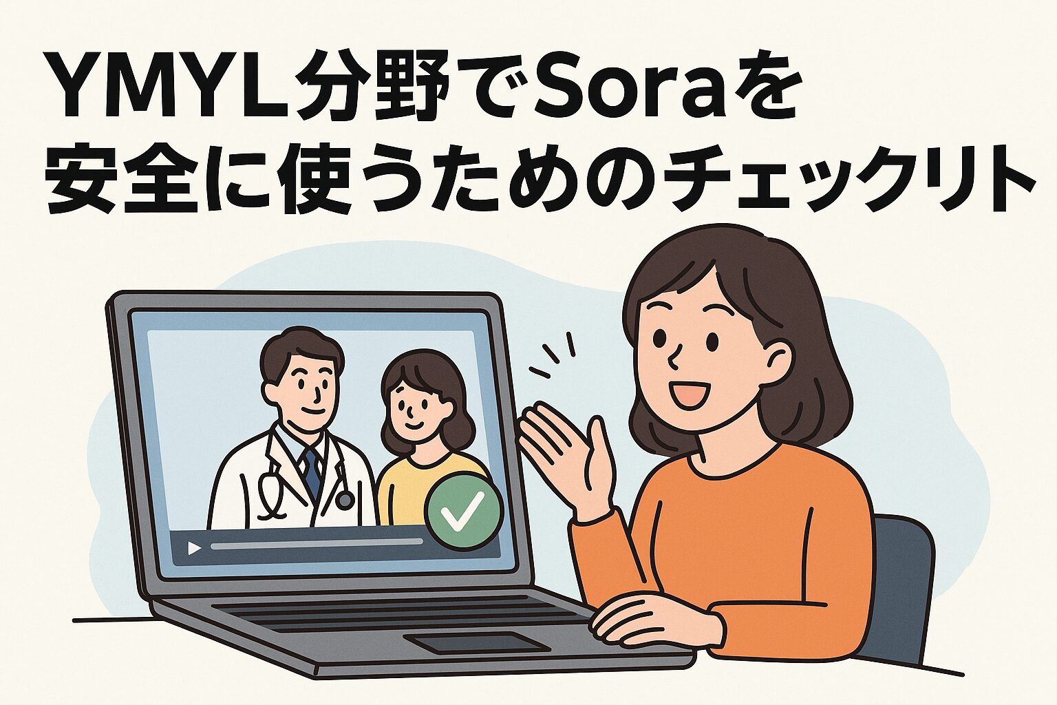 SoraでYMYL分野のAI動画を安全に生成できて喜んでいる人物のイラスト。医療系のAI動画を確認しながら安心している様子。