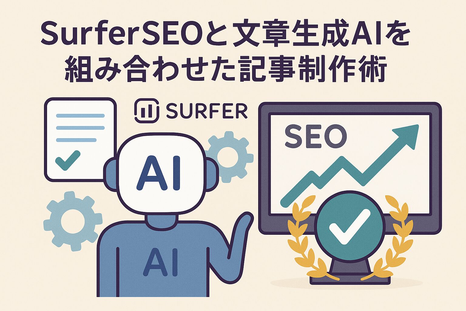 SurferSEOとAIが連携してSEO成果を高めている様子を描いたイラスト