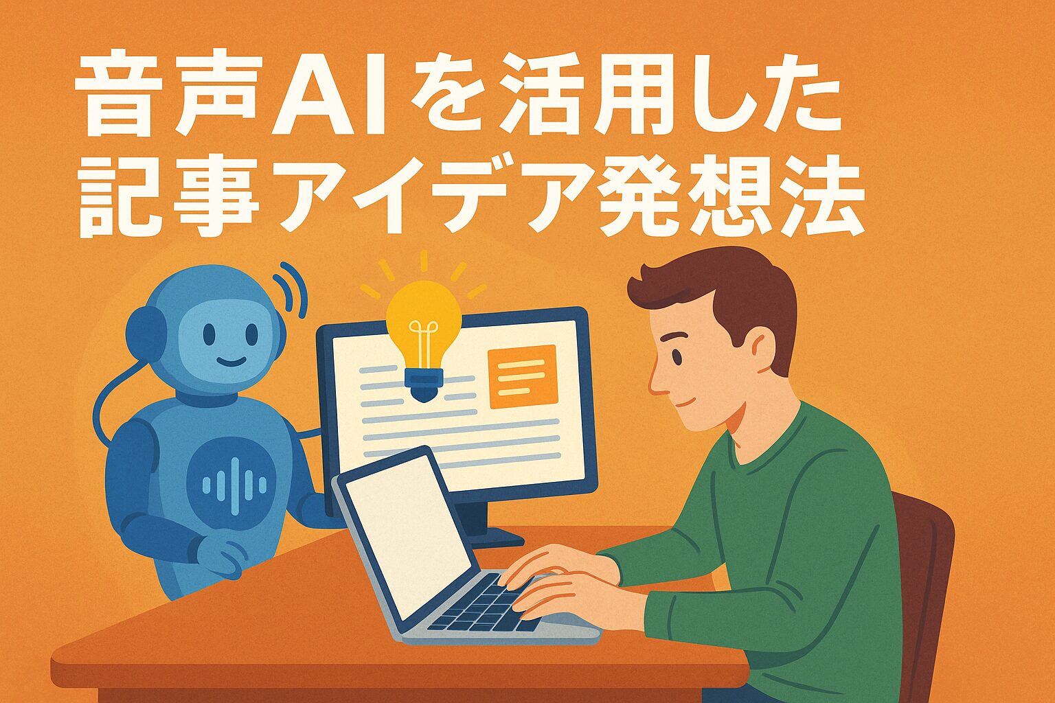 音声AIを活用して記事アイデアを考えている男性とAIロボットが並んで作業しているイラスト