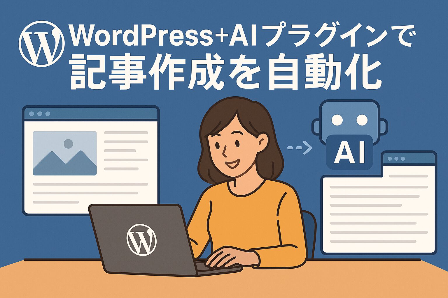 WordPressとAIプラグインで記事を自動生成している女性のイラスト