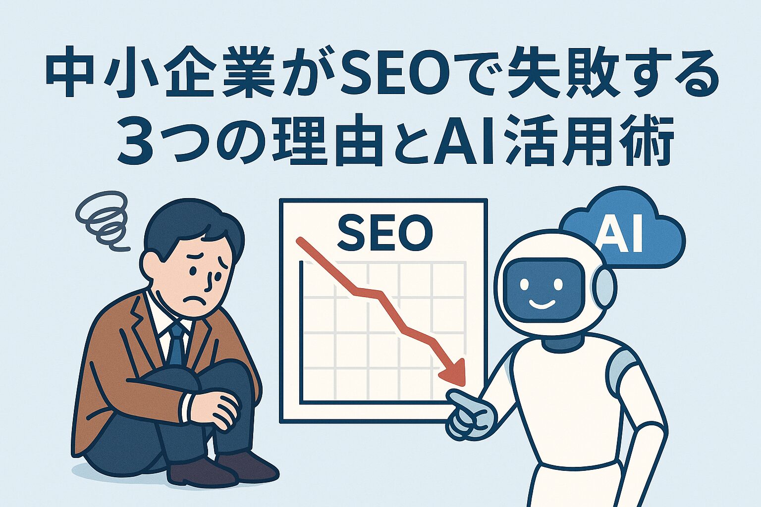 SEOで失敗して落ち込む中小企業経営者を、AIロボットが励ましながら改善策を示している。グラフには下降線が描かれ、右側のAIが笑顔でサポートしている。