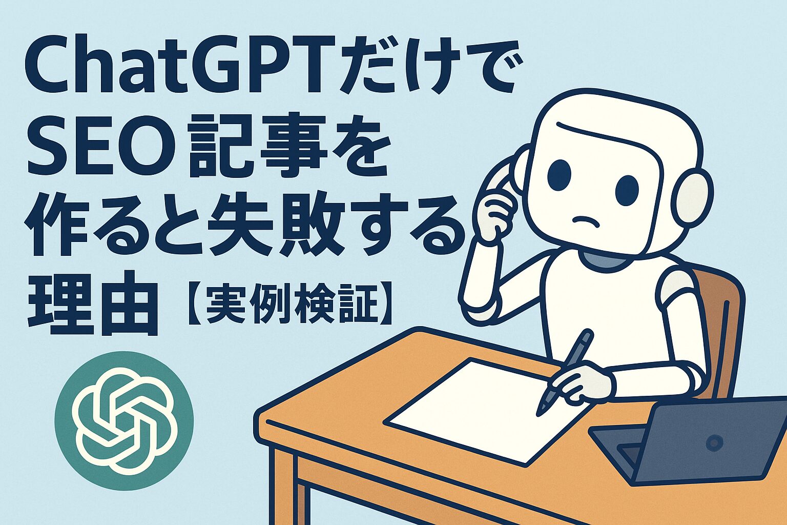ChatGPTだけでSEO記事を書こうとして悩むロボットを描いたアニメ調のサムネイル。机の上にノートとパソコンがあり、背景にはChatGPTロゴと記事タイトルが配置されている。