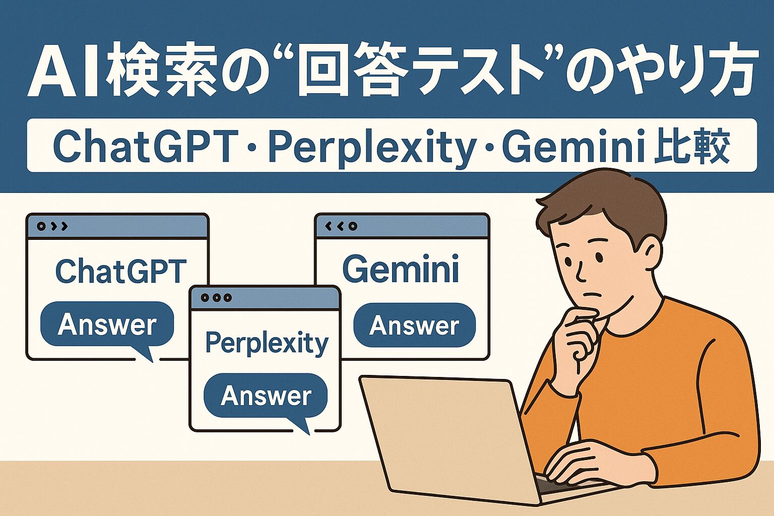 ChatGPT・Perplexity・Geminiを使ってAI検索の回答テストを比較している様子のサムネイルイラスト