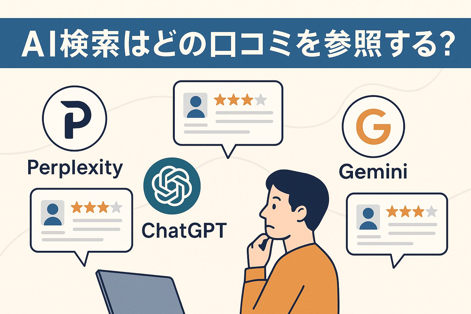ChatGPT・Perplexity・Geminiがオンラインの口コミ情報を参照している様子を示すサムネイルイラスト
