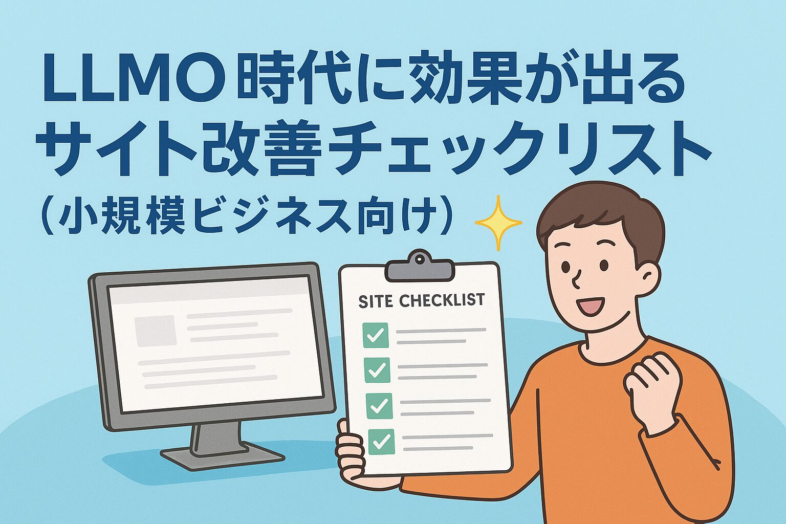 LLMO時代のサイト改善チェックリストを確認し効果を実感して喜ぶ小規模事業者を描いたサムネイルイラスト