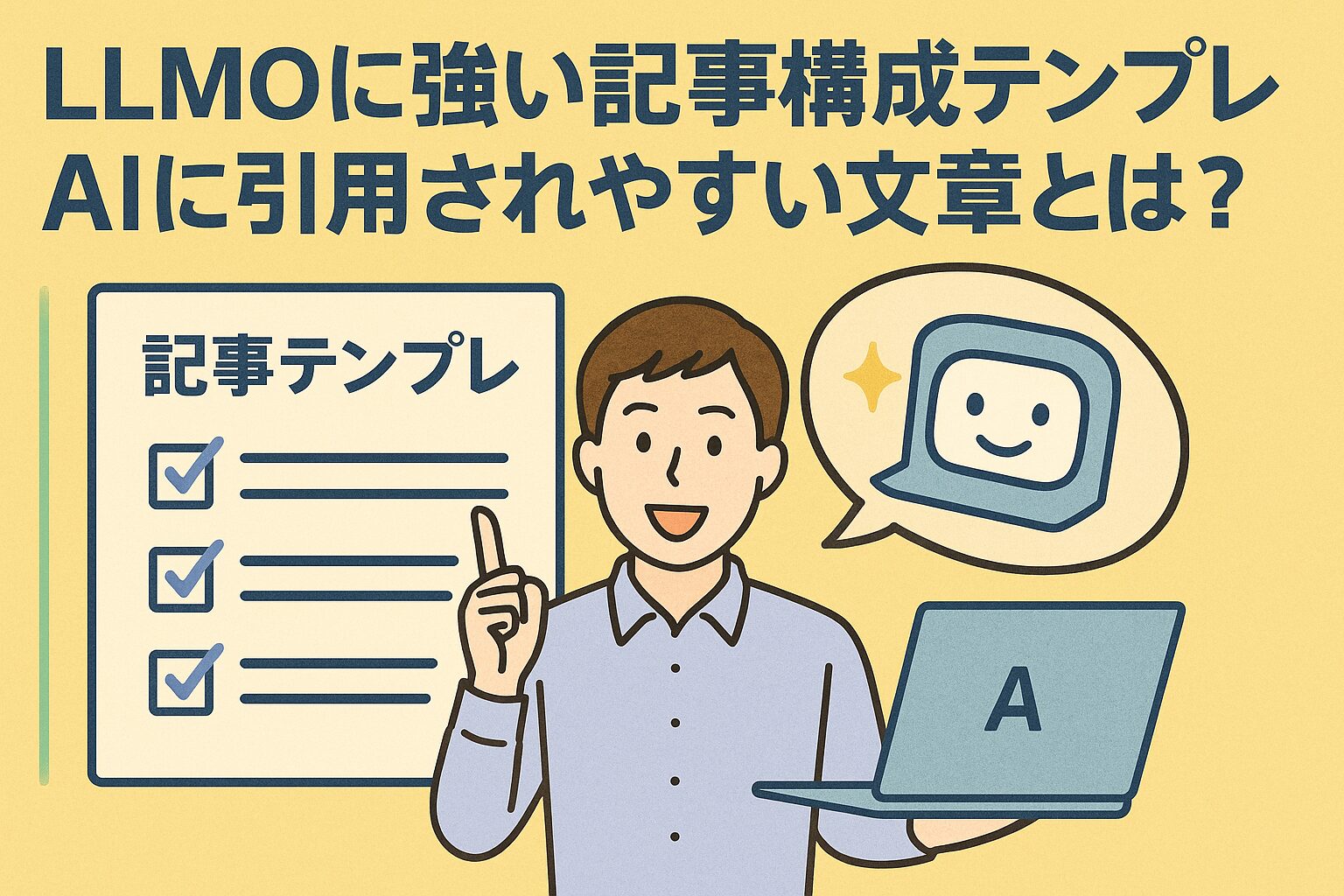 LLMO対応の記事テンプレを使ってAIから引用されやすい文章を作成している様子のサムネイルイラスト