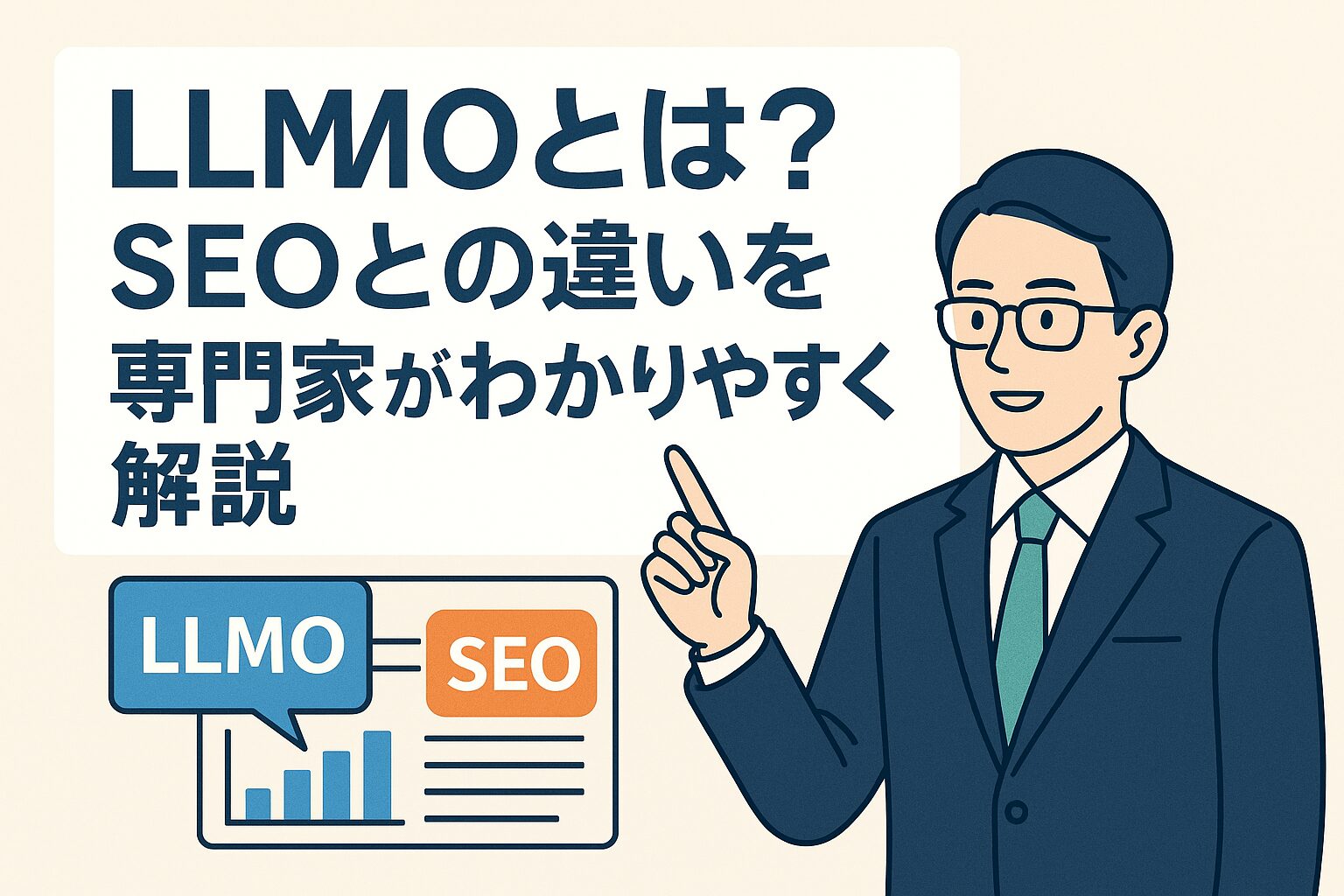 LLMOとSEOの違いを専門家が図解しながら解説しているサムネイルイラスト